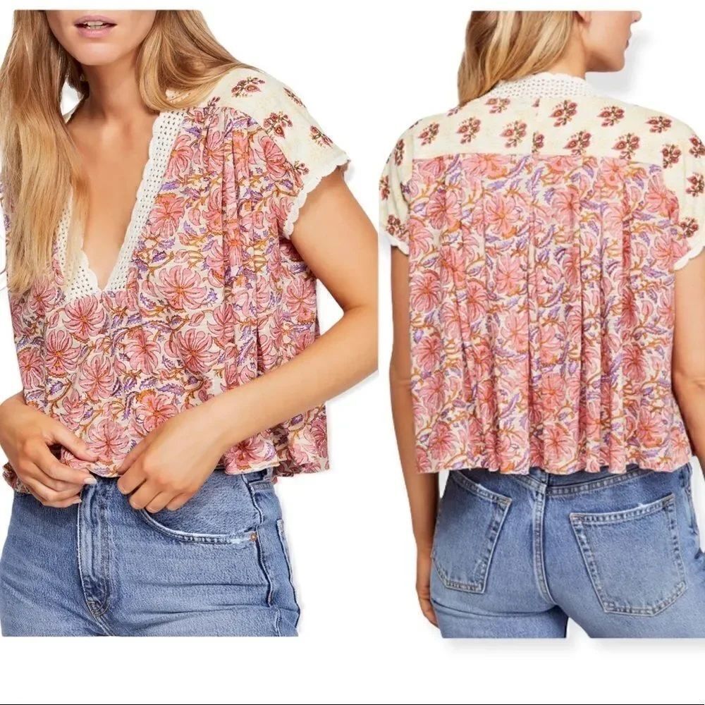 Free People Leilani Crochet Floral Printed Top in the Size Medium
